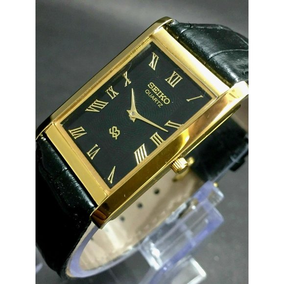 Seiko Other - Vintage Style Seiko Quartz Mens Gold Watch & Black accents W/ Leather Strap